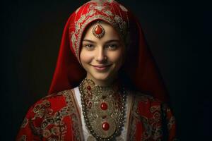 ai genererad etnisk kvinna bär traditionell huvudbonad och Kläder foto