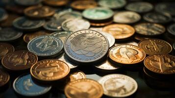 ai genererad Foto av mynt av olika valörer formning en väg. generativ ai