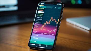 ai genererad Foto av en smartphone visning en stock marknadsföra app. generativ ai