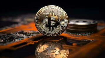 ai genererad Foto av en fysisk bitcoin mynt stående på en reflexion. generativ ai