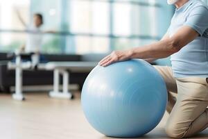 ai genererad caucasian senior håller på med övning med en swiss boll på en Gym foto