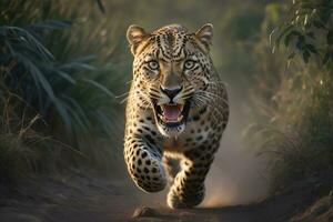 ai genererad leopards ge sig på, realistisk bilder av vild djur- attacker foto