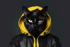 ai genererad svart katt i modern gul och läder jacka. modern begrepp. ai genererad foto
