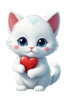 ai genererad liten vit kattunge med en stor röd hjärta grafik för valentines dag foto