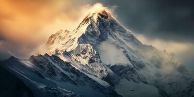 ai genererad soluppgång över de himalayan berg, en dimmig himmel med en topp i de distans, generativ ai. foto