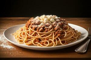 ai genererad pasta spaghetti bolognese i vit tallrik. italiensk kök foto