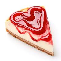 ai genererad hjärta formad hallon sås virvla runt på cheesecake skiva isolerat på vit, st valentines dag tema foto