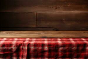ai genererad en röd rutig bordsduk på en trä- tabell, uppsättning mot en trä- bakgrund foto