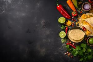 ai genererad mexikansk mat med tortillas, paprika, och Övrig Ingredienser på en svart bakgrund foto