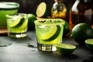 ai genererad en grön margarita med kalk skivor och en flaska av tequila foto