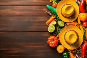 ai genererad mexikansk mat med färgrik hattar och grönsaker på trä- tabell foto