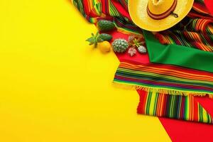 ai genererad mexikansk mat och Kläder på en gul bakgrund foto