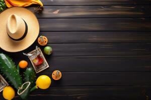 ai genererad mexikansk mat med en hatt och frukt på en trä- tabell foto