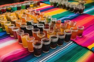 ai genererad färgrik drycker på en färgrik tabell trasa foto