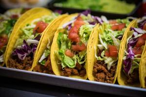 ai genererad en bricka av tacos med kött och grönsaker foto