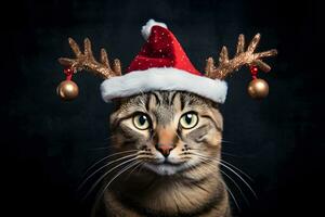 ai genererad jul begrepp - vit katt med rådjur horn på mörk bakgrund. ai genererad foto