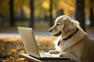 ai genererad söt corgi hund arbetssätt på de bärbar dator i utomhus- bakgrund foto