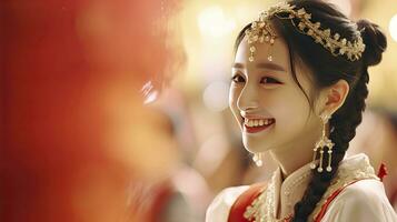 ai genererad kinesisk skön leende flicka med kinesisk traditionell Cheongsam klä på sig på kinesisk ny år bakgrund foto