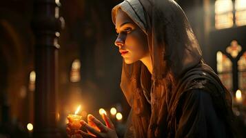 ai genererad en ung troende kvinna i en slöja ber i en kyrka tempel med många brinnande ljus till Gud läser en bön från de bibel foto