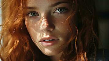 ai genererad skön ansikte med fräknar av en söt rödhårig ung kvinna i de solens strålar foto
