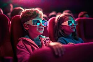 ai genererad njuter en film på de imax teater - barns utgåva foto