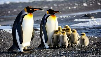 ai genererad kejsare pingviner i deras naturlig livsmiljö foto