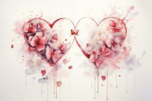 ai genererad en hjärta dekorerad med blommor är omgiven och målad med vattenfärger. foto