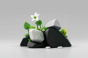 ai genererad 3d visa podium sten med blommor, grön löv, och sten för presentation av de produkt. proffs Foto