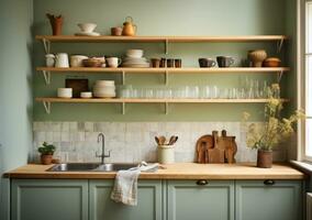 ai genererad en kök i Sverige med grön, vit och brun väggar foto