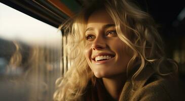 ai genererad en blond flicka ler ut av en fönster som hon Boarded en tåg foto
