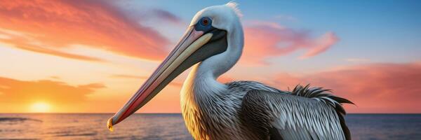 ai genererad lugn solnedgång på hav med pelikan uppflugen på docka och copy för text foto