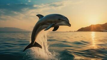 ai genererad delfin hoppa från hav med kopia Plats för text foto