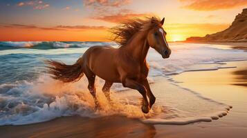 ai genererad häst förbi de havsstrand med färgrik soluppgång bakgrund och Plats för text foto
