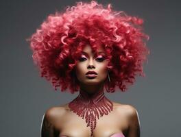 ai genererad en kvinna med afro hår med röd leksak frisyrer foto