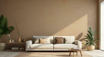 ai genererad beige vägg Hem interiör levande rum med en beige soffa i främre av stor fönster foto