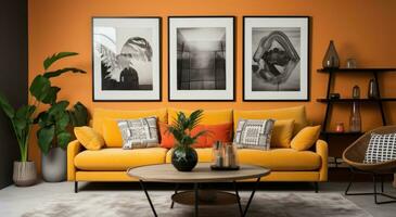 ai genererad ett orange soffa med inramade bilder i en levande rum foto