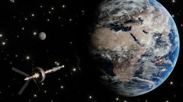 satellit skanning och övervakning de jorden. de rymdskepp är kretsande de jorden. flytande rymdskepp i de universum, shuttle in i atmosfär. bilder från nasa. återges 3d illustration foto
