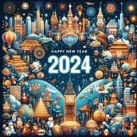 ai genererad Lycklig ny år 2024 med en Välkommen firande förbi alla i de värld foto