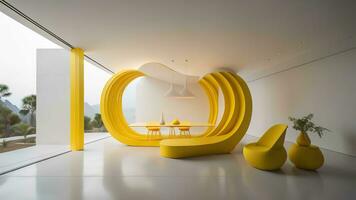 ai genererad interiör av modern levande rum med gul fåtölj och runda tabell. generativ ai foto