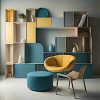 ai genererad interiör av modern levande rum med bokhylla, gul fåtölj och kaffe tabell. generativ ai foto