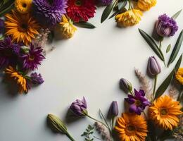 ai genererad blommor sammansättning. ram tillverkad av färgrik blommor på vit bakgrund. platt lägga, topp se, kopia Plats. ai generativ foto