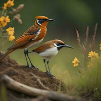 ai genererad en manlig och kvinna rödnäbbade shrike, ficedula zanthopygia med gul blommor i de bakgrund. foto