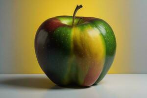 ai genererad grön och röd äpple på en gul bakgrund. ai genererad foto