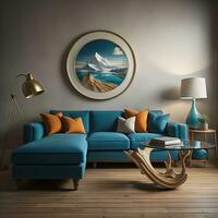 ai genererad interiör av modern levande rum med blå soffa, kaffe tabell, runda spegel och lampa. generativ ai foto