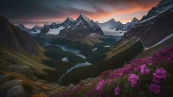 ai genererad berg landskap med rosa rhododendron blommor. panorama- se. generativ ai foto