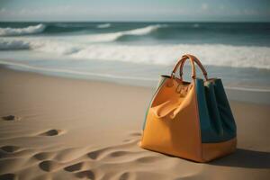 ai genererad orange väska på de strand med hav och himmel bakgrund. resa begrepp. generativ ai foto