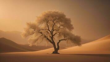 ai genererad ensam träd i de öken- på solnedgång, generativ ai foto