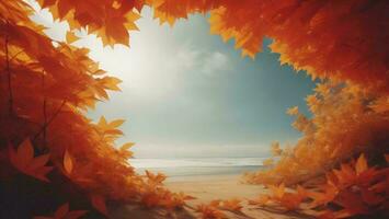 ai genererad höst säsong bakgrund med orange lönn löv på de strand och hav. generativ ai foto