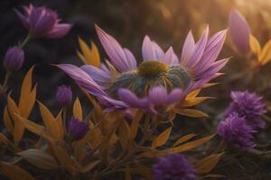 ai genererad lila blommor i de trädgård på solnedgång. blommig bakgrund. generativ ai foto