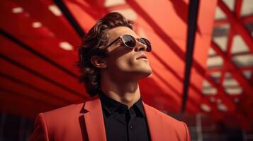 ai genererad eleganta man i röd jacka bär solglasögon med röd arkitektur i bakgrund foto